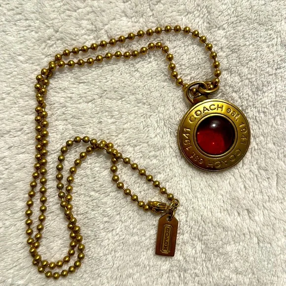 Coach Logo Pendant In Gold Tone with Amber Glass Center on Gold Tone Chain - Picture 7 of 16